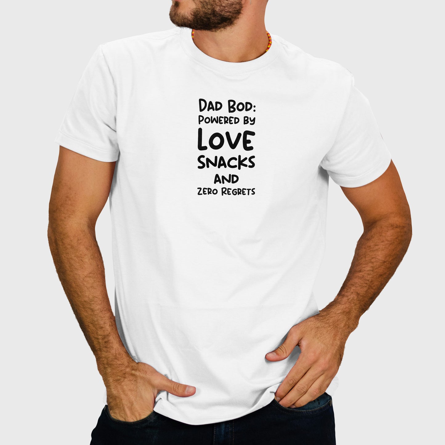 Dad Bod: Powered by Love, Snacks, and Zero Regrets.Unisex t-shirt