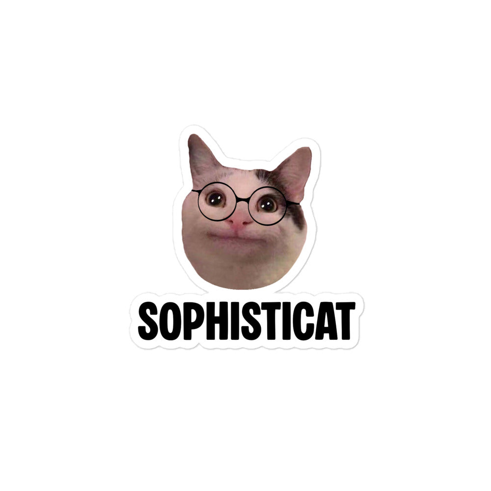 Die-cut vinyl sticker featuring Beluga cat wearing round glasses and "SOPHISTICAT" text