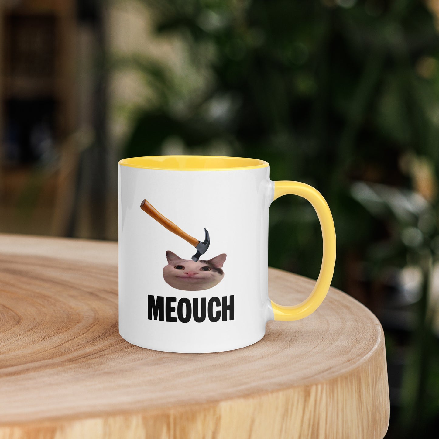 White ceramic mug with Color inside featuring funny Meouch cat meme and hammer design