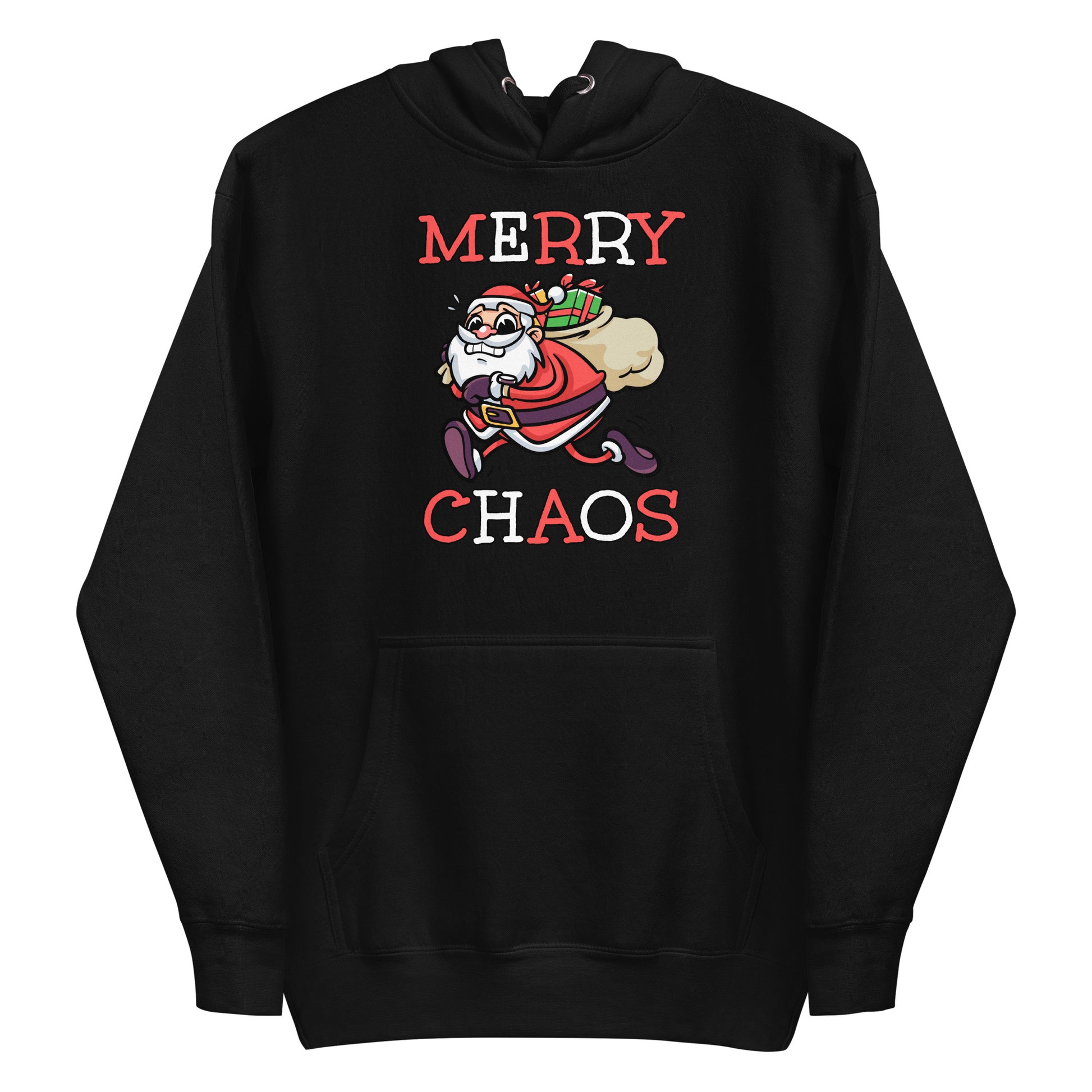 Black unisex hoodie featuring a running Santa Claus cartoon and "MERRY CHAOS" text