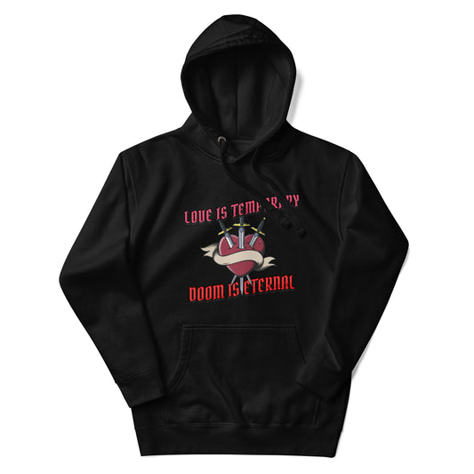 Black unisex hoodie featuring [DESCRIBE DESIGN e.g., retro pixel art style] and "DOOM IS ETERNAL" text - Gamer gift idea