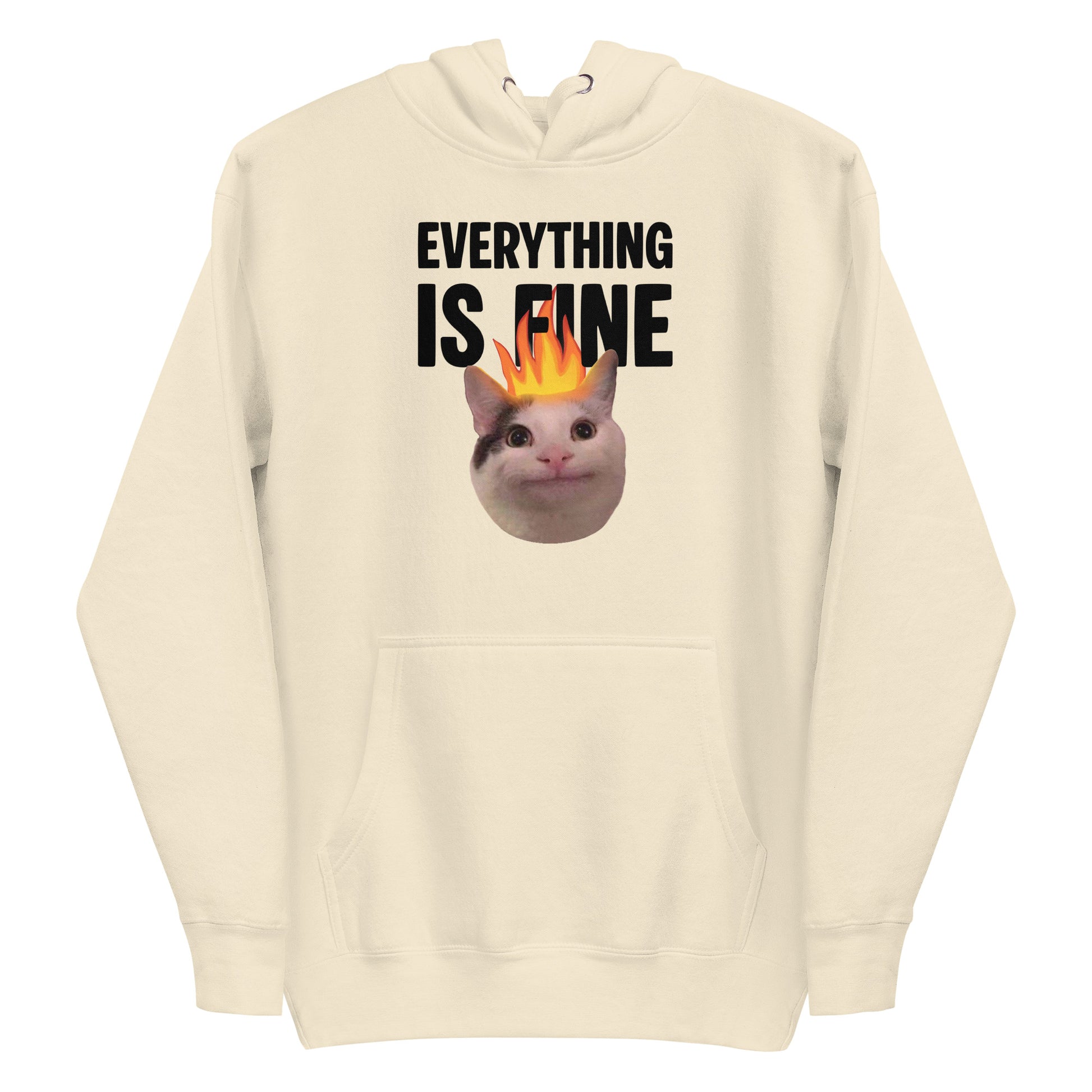 Bone unisex hoodie featuring Beluga cat with fire on head and "EVERYTHING IS FINE" text