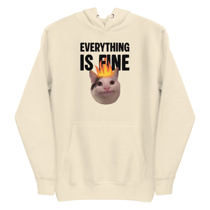 Bone unisex hoodie featuring Beluga cat with fire on head and "EVERYTHING IS FINE" text
