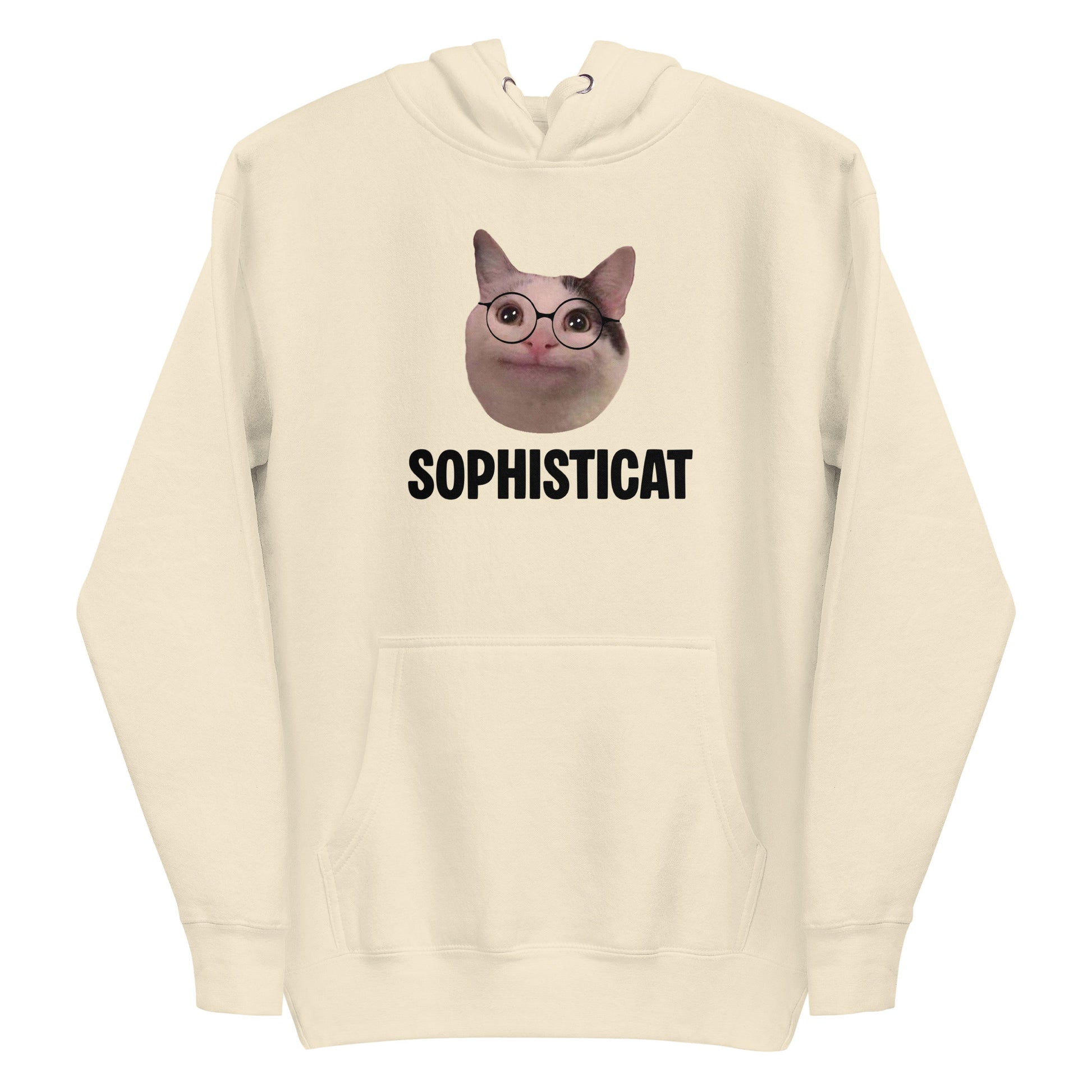 Bone unisex hoodie featuring Beluga cat wearing round glasses and "SOPHISTICAT" text