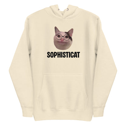 Bone unisex hoodie featuring Beluga cat wearing round glasses and "SOPHISTICAT" text