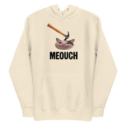 Bone unisex hoodie with funny "MEOUCH" cat meme design and a hammer