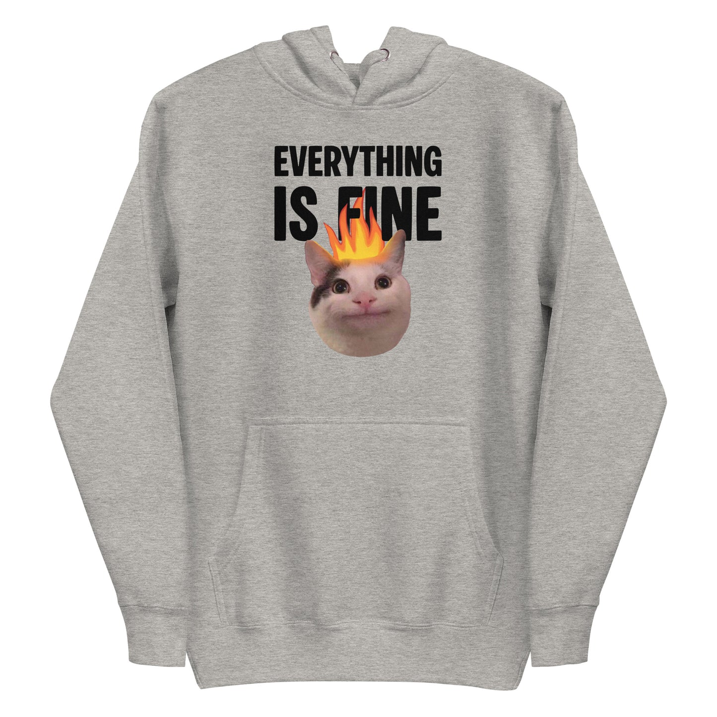Carbon Grey unisex hoodie featuring Beluga cat with fire on head and "EVERYTHING IS FINE" text