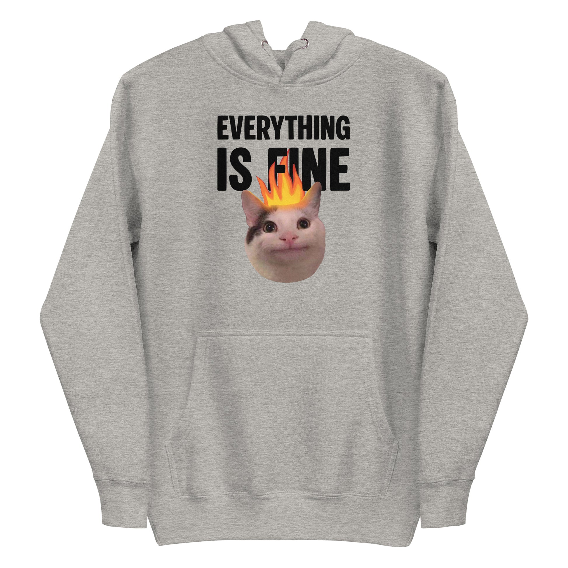 Carbon Grey unisex hoodie featuring Beluga cat with fire on head and "EVERYTHING IS FINE" text