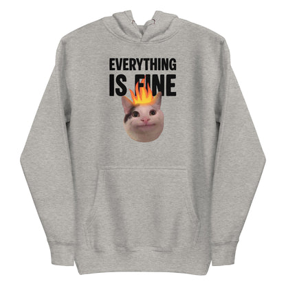 Carbon Grey unisex hoodie featuring Beluga cat with fire on head and "EVERYTHING IS FINE" text