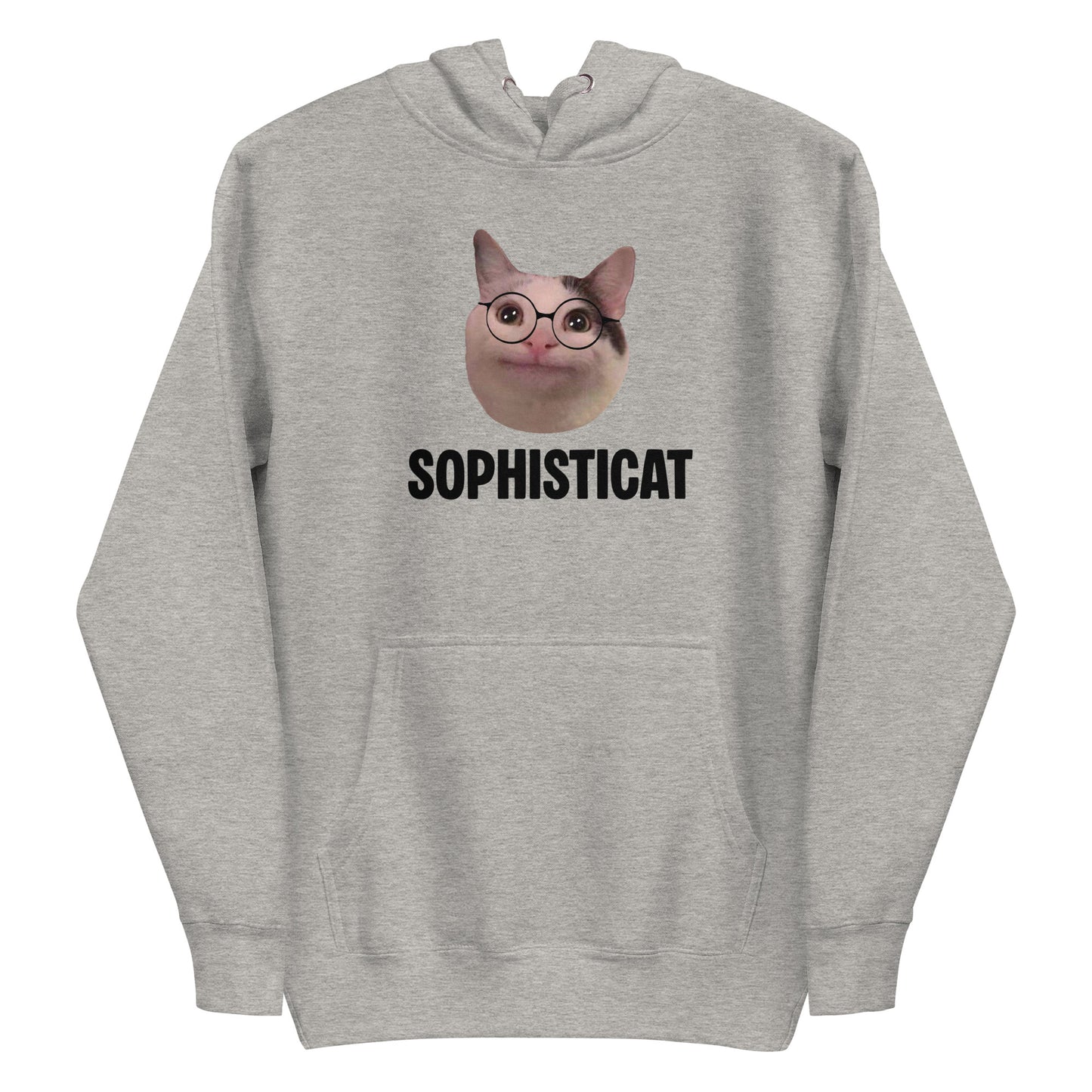 Carbon Grey unisex hoodie featuring Beluga cat wearing round glasses and "SOPHISTICAT" text