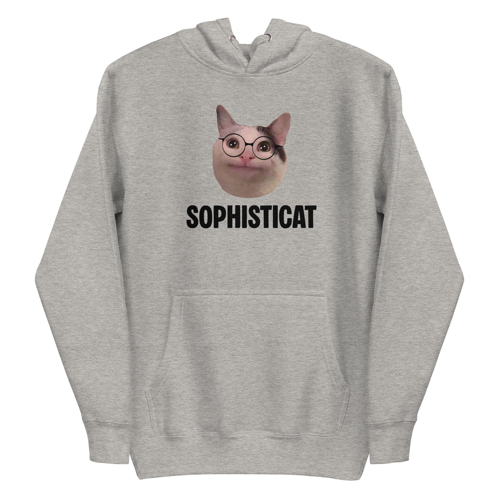 Carbon Grey unisex hoodie featuring Beluga cat wearing round glasses and "SOPHISTICAT" text