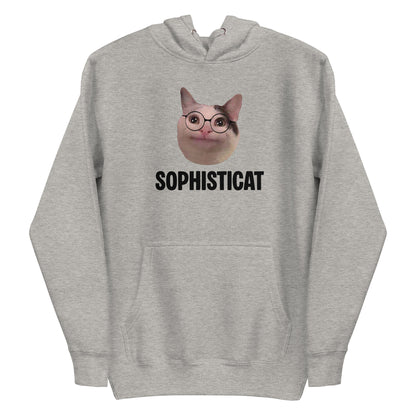 Carbon Grey unisex hoodie featuring Beluga cat wearing round glasses and "SOPHISTICAT" text