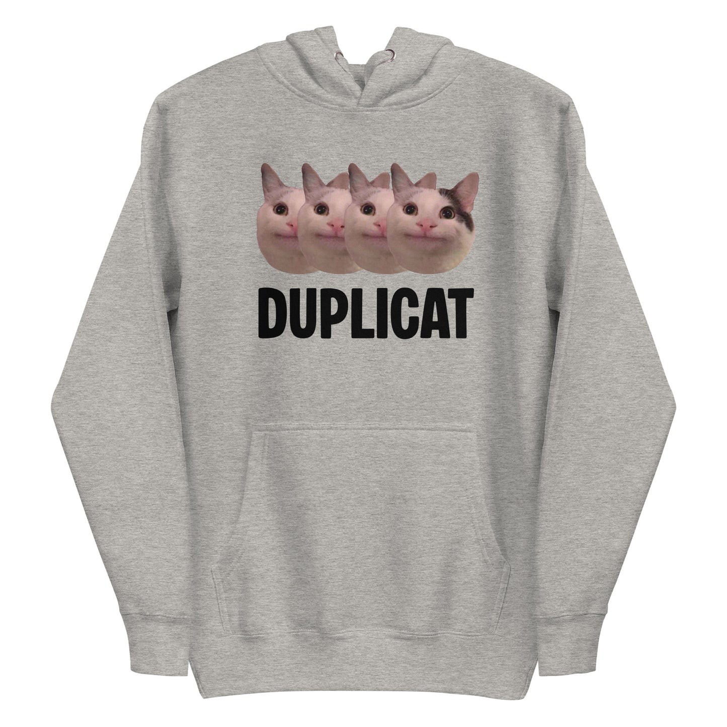 Carbon Grey unisex hoodie featuring repeating Beluga cat faces and "DUPLICAT" text