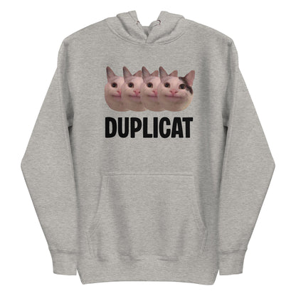 Carbon Grey unisex hoodie featuring repeating Beluga cat faces and "DUPLICAT" text