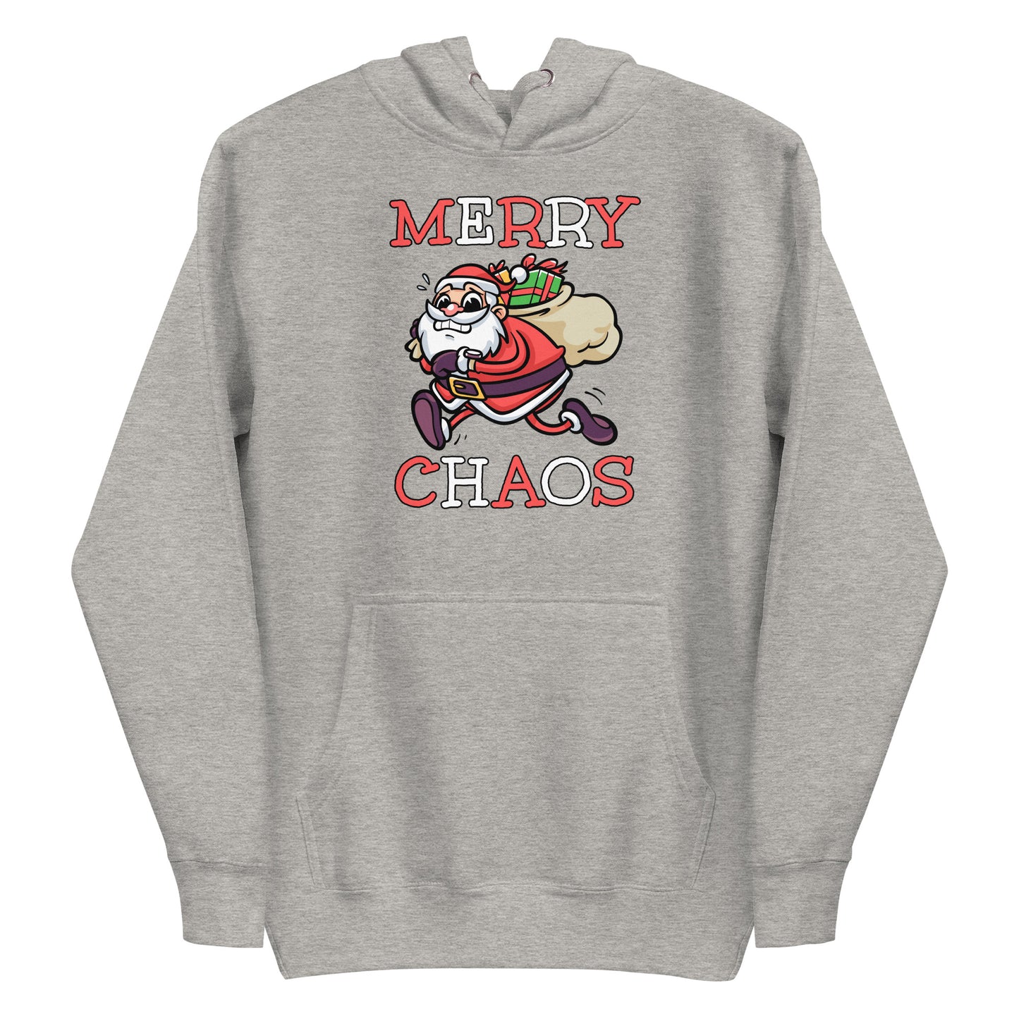 Carbon Grey unisex hoodie featuring a running Santa Claus cartoon and "MERRY CHAOS" text