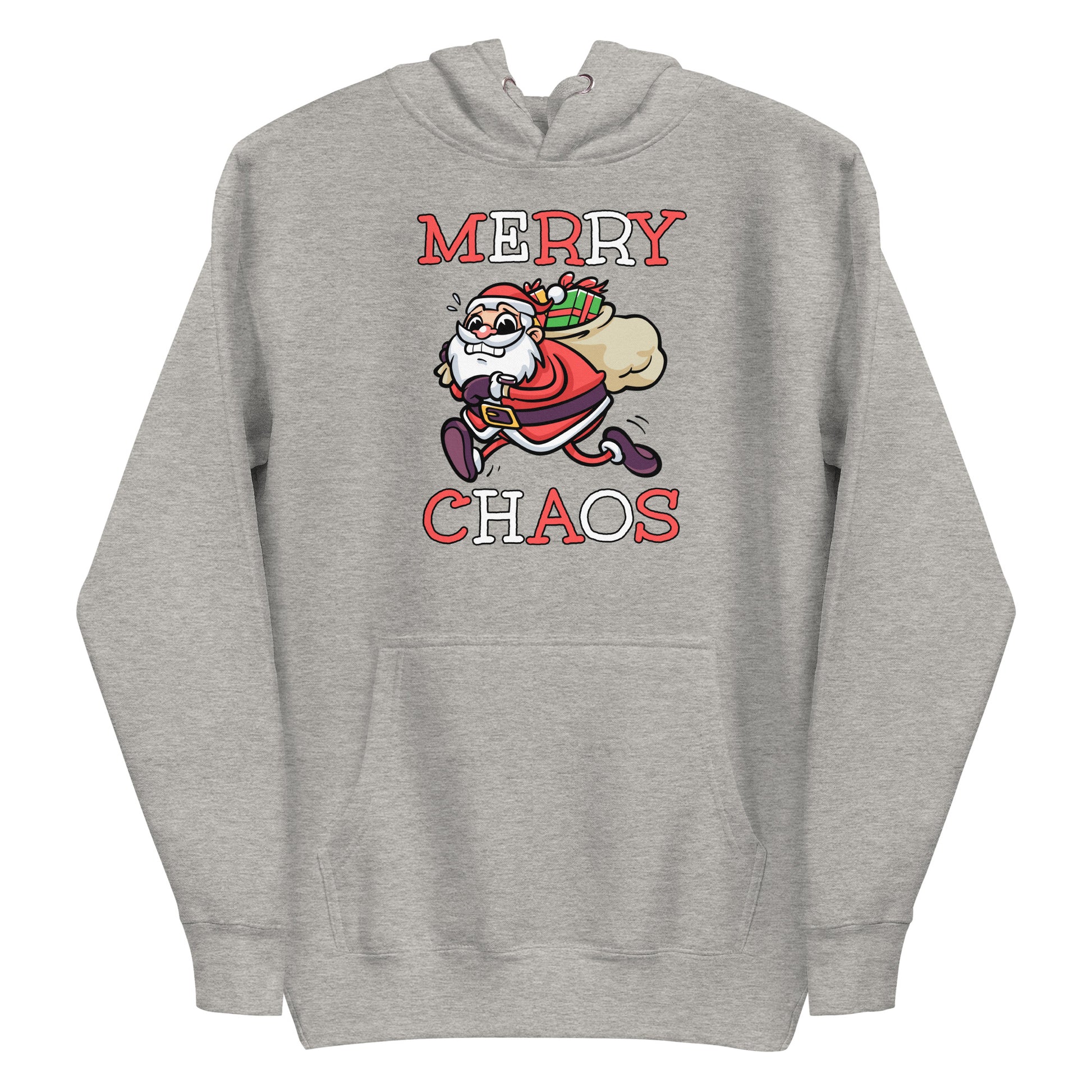 Carbon Grey unisex hoodie featuring a running Santa Claus cartoon and "MERRY CHAOS" text