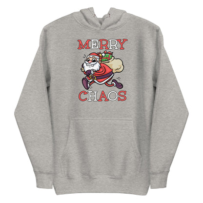 Carbon Grey unisex hoodie featuring a running Santa Claus cartoon and "MERRY CHAOS" text