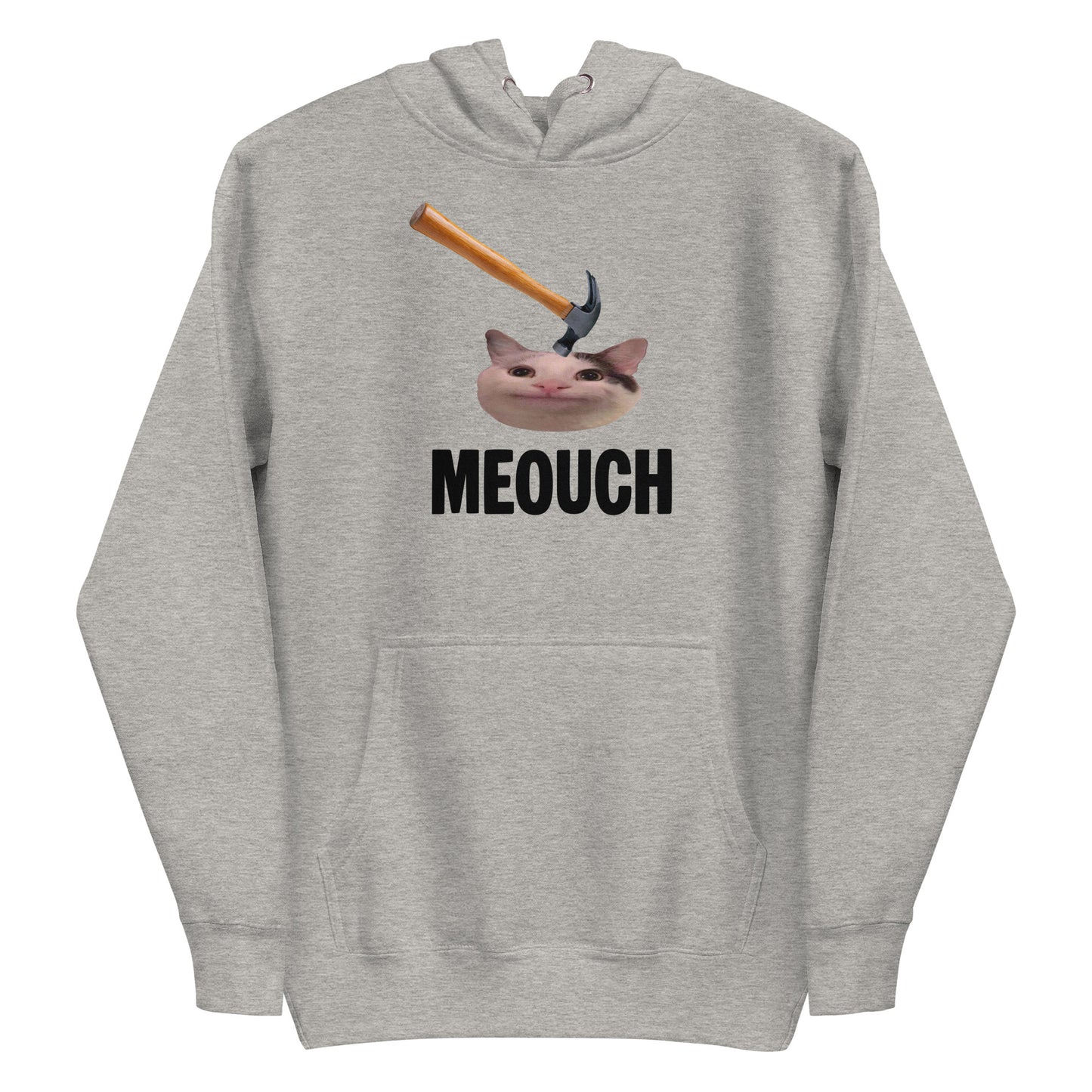 Carbon gray unisex hoodie with funny "MEOUCH" cat meme design and a hammer