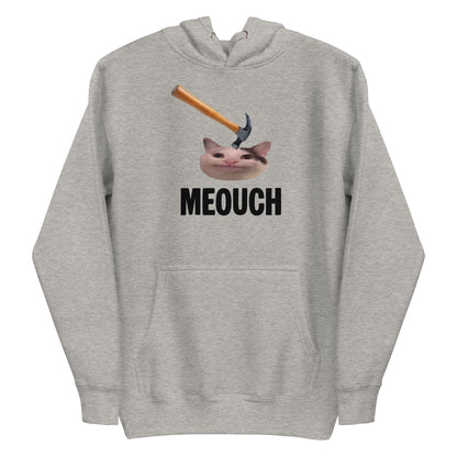 Carbon gray unisex hoodie with funny "MEOUCH" cat meme design and a hammer