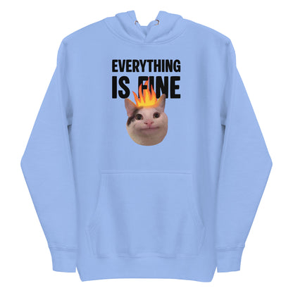 Carolina Blue unisex hoodie featuring Beluga cat with fire on head and "EVERYTHING IS FINE" text