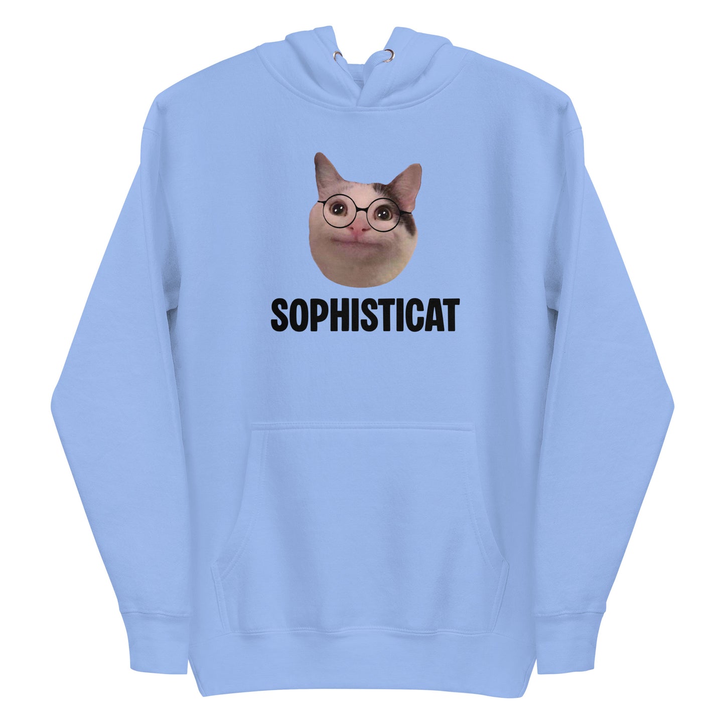 Carolina Blue unisex hoodie featuring Beluga cat wearing round glasses and "SOPHISTICAT" text