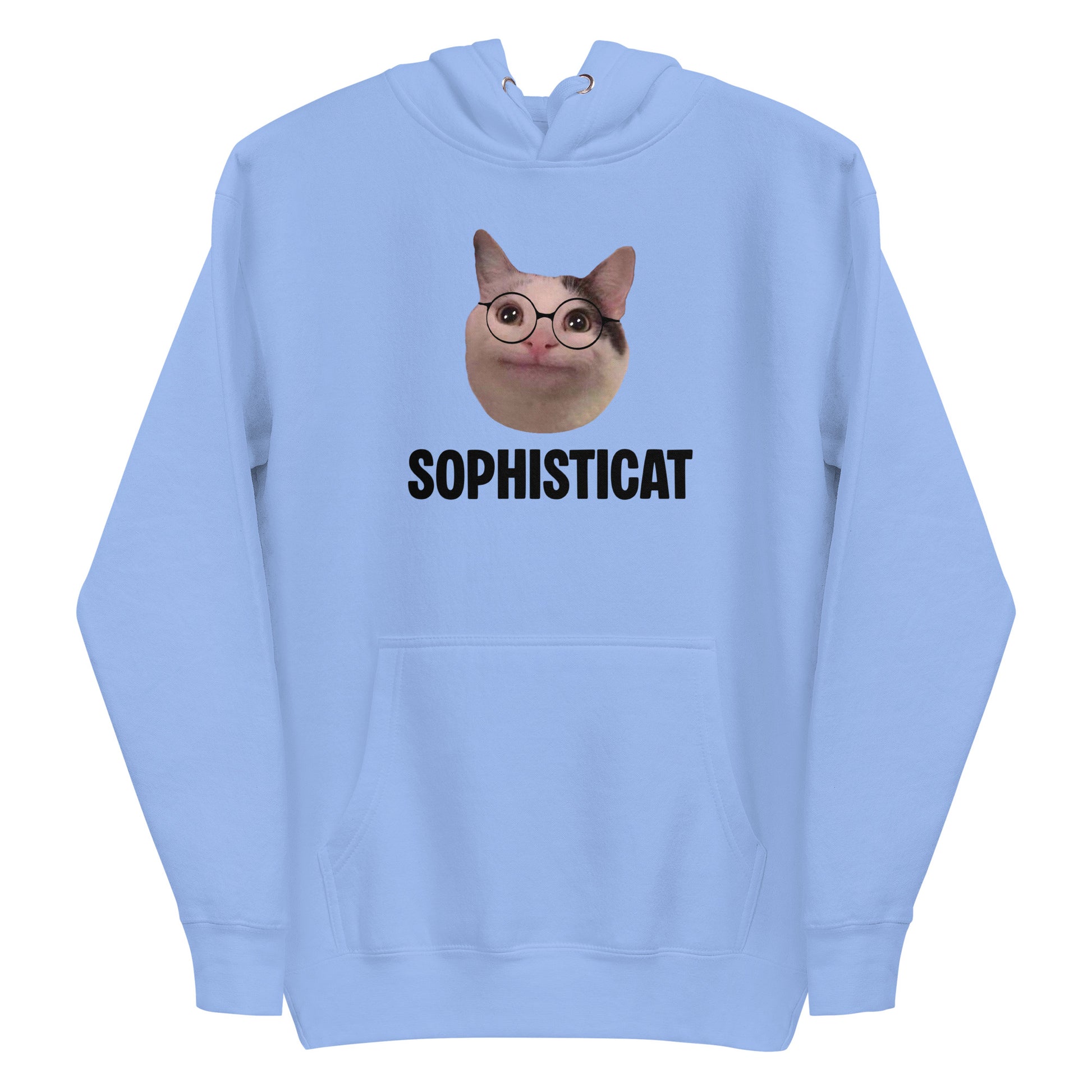 Carolina Blue unisex hoodie featuring Beluga cat wearing round glasses and "SOPHISTICAT" text