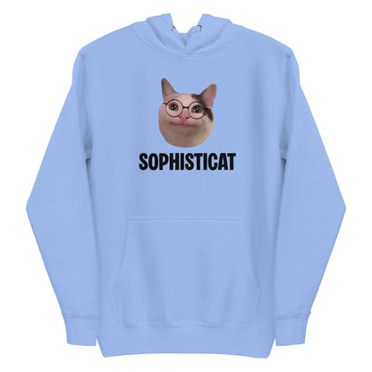 Carolina Blue unisex hoodie featuring Beluga cat wearing round glasses and "SOPHISTICAT" text