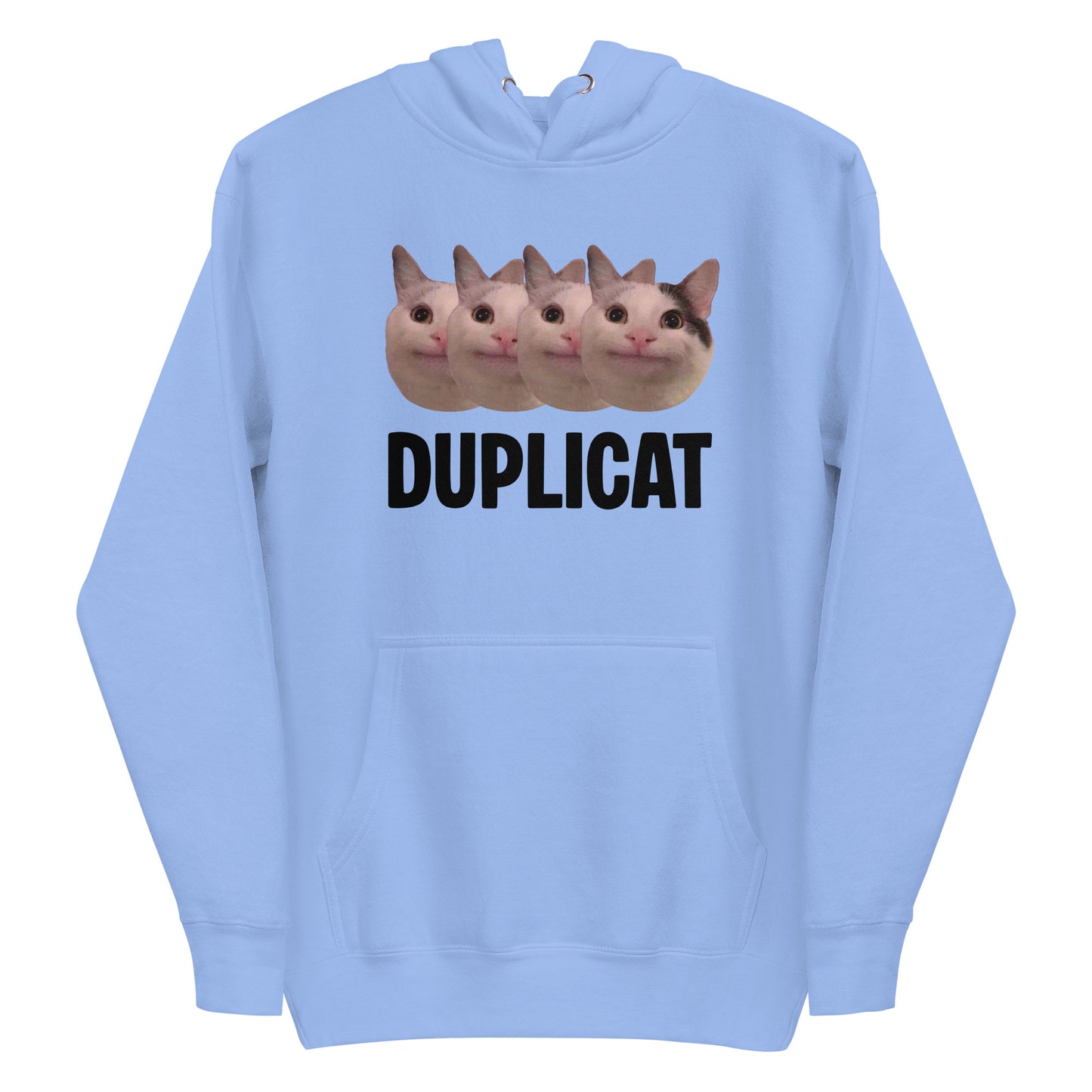 Carolina Blue unisex hoodie featuring repeating Beluga cat faces and "DUPLICAT" text