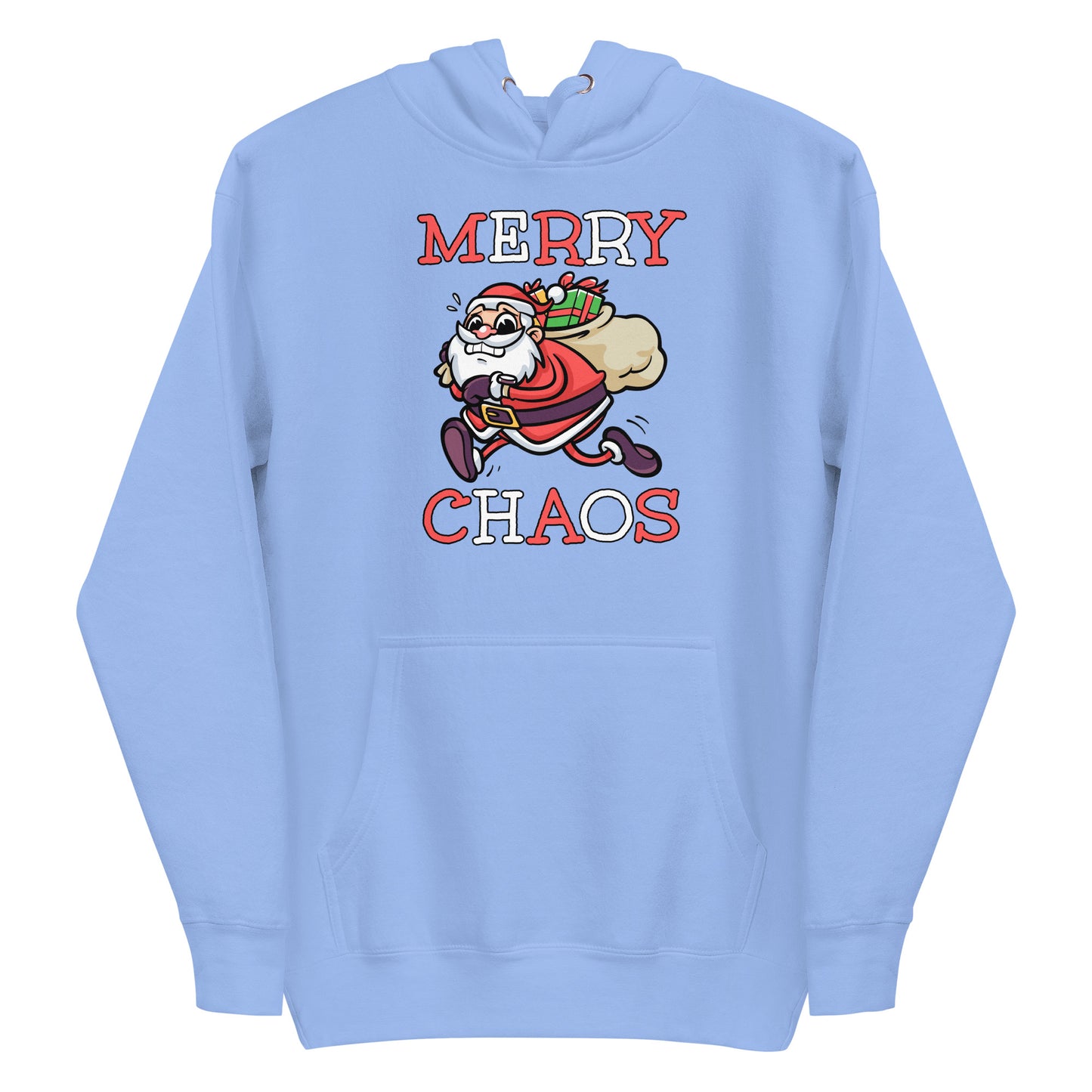 Carolina Blue unisex hoodie featuring a running Santa Claus cartoon and "MERRY CHAOS" text