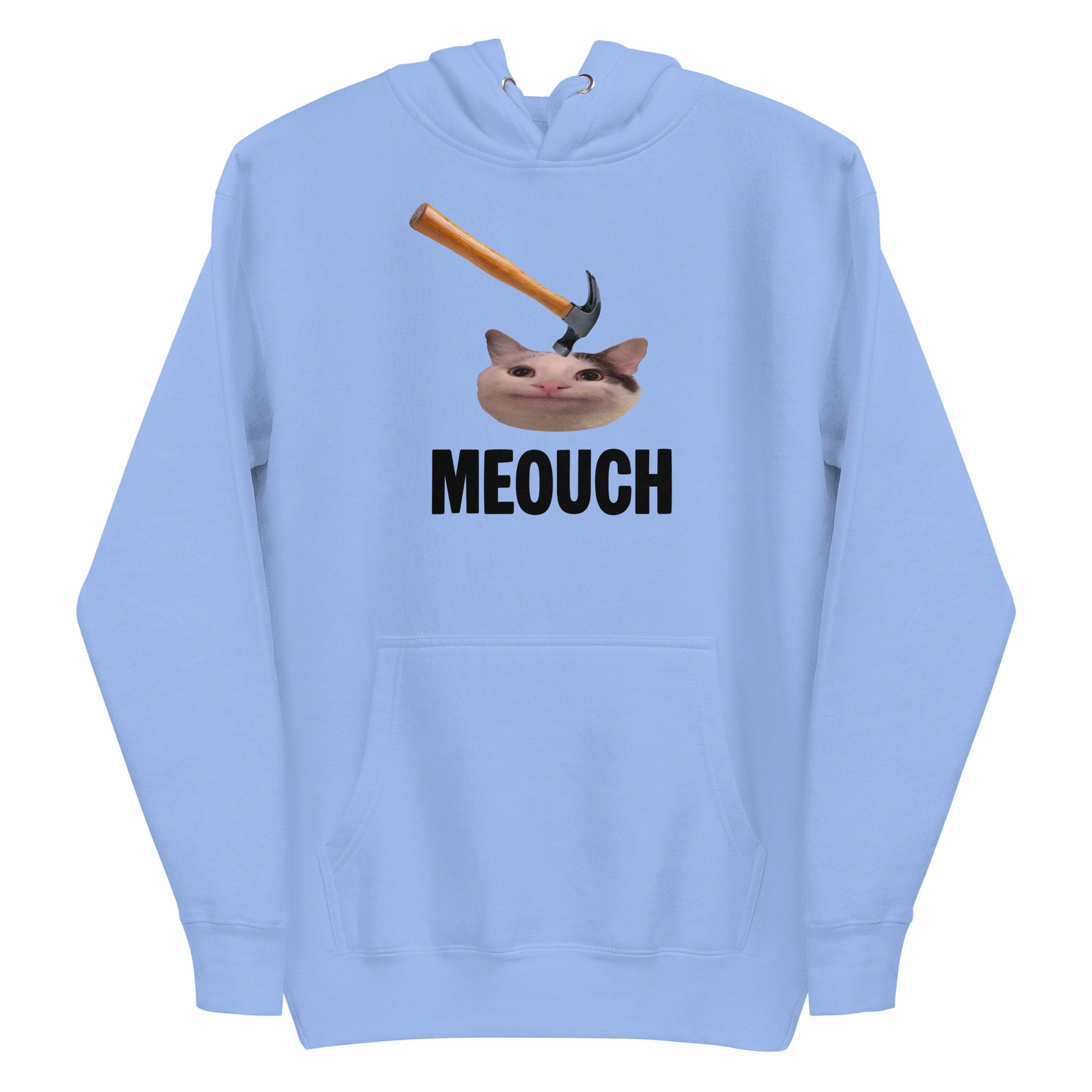 Carolina blue unisex hoodie with funny "MEOUCH" cat meme design and a hammer