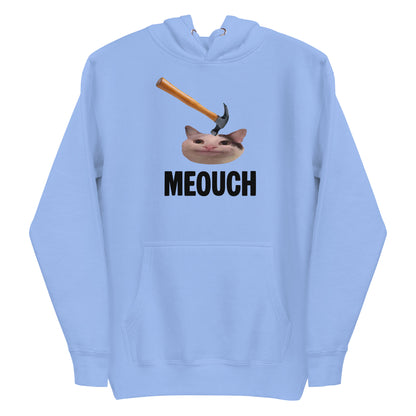 Carolina blue unisex hoodie with funny "MEOUCH" cat meme design and a hammer