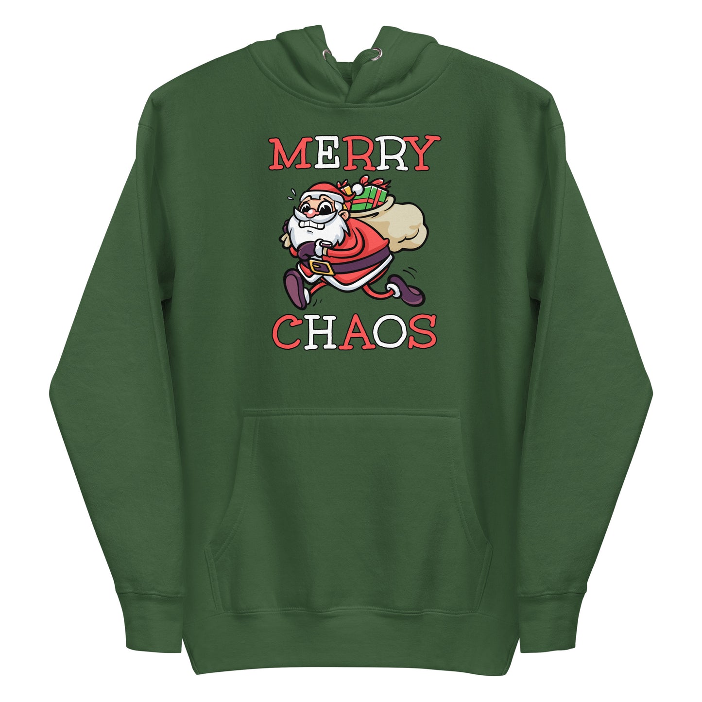 Forest Green unisex hoodie featuring a running Santa Claus cartoon and "MERRY CHAOS" text