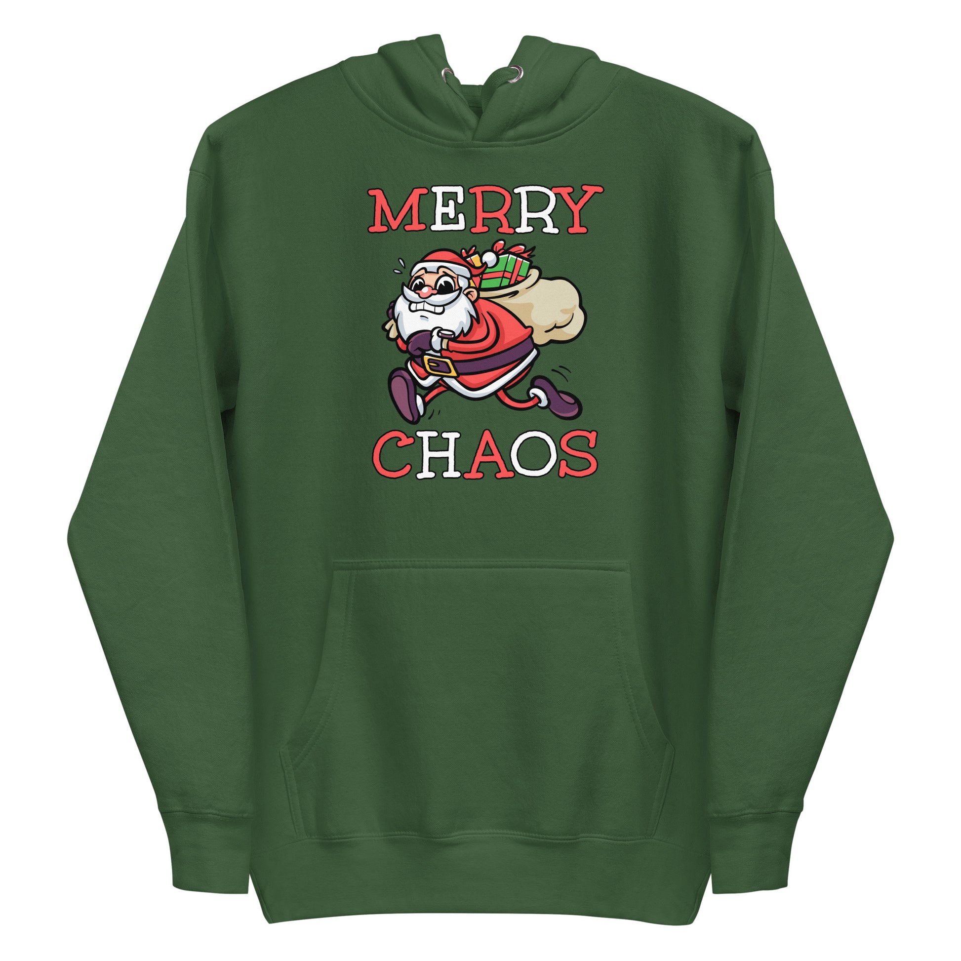 Forest Green unisex hoodie featuring a running Santa Claus cartoon and "MERRY CHAOS" text