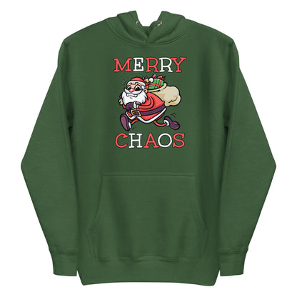 Forest Green unisex hoodie featuring a running Santa Claus cartoon and "MERRY CHAOS" text
