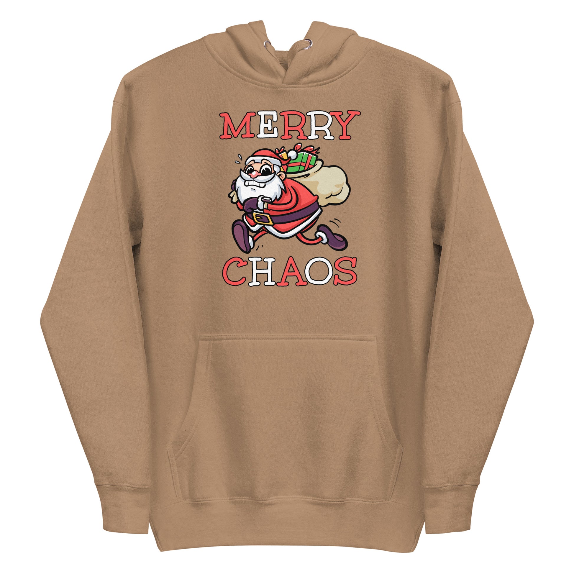 Latte unisex hoodie featuring a running Santa Claus cartoon and "MERRY CHAOS" text