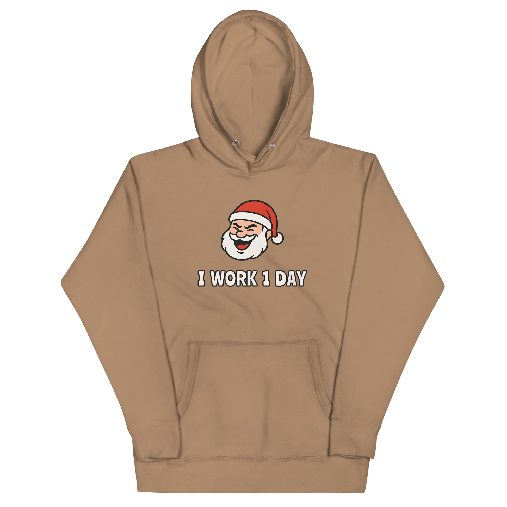 Latte unisex hoodie featuring winking Santa Claus face and "I Work 1 Day" text