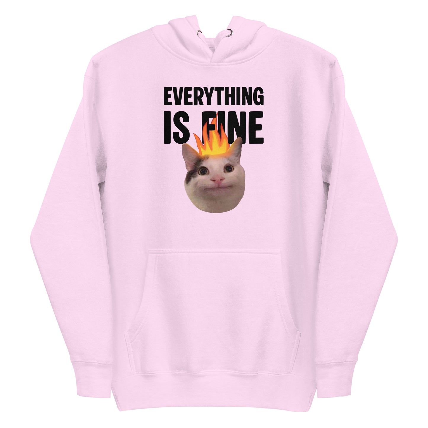 Lavender unisex hoodie featuring Beluga cat with fire on head and "EVERYTHING IS FINE" text