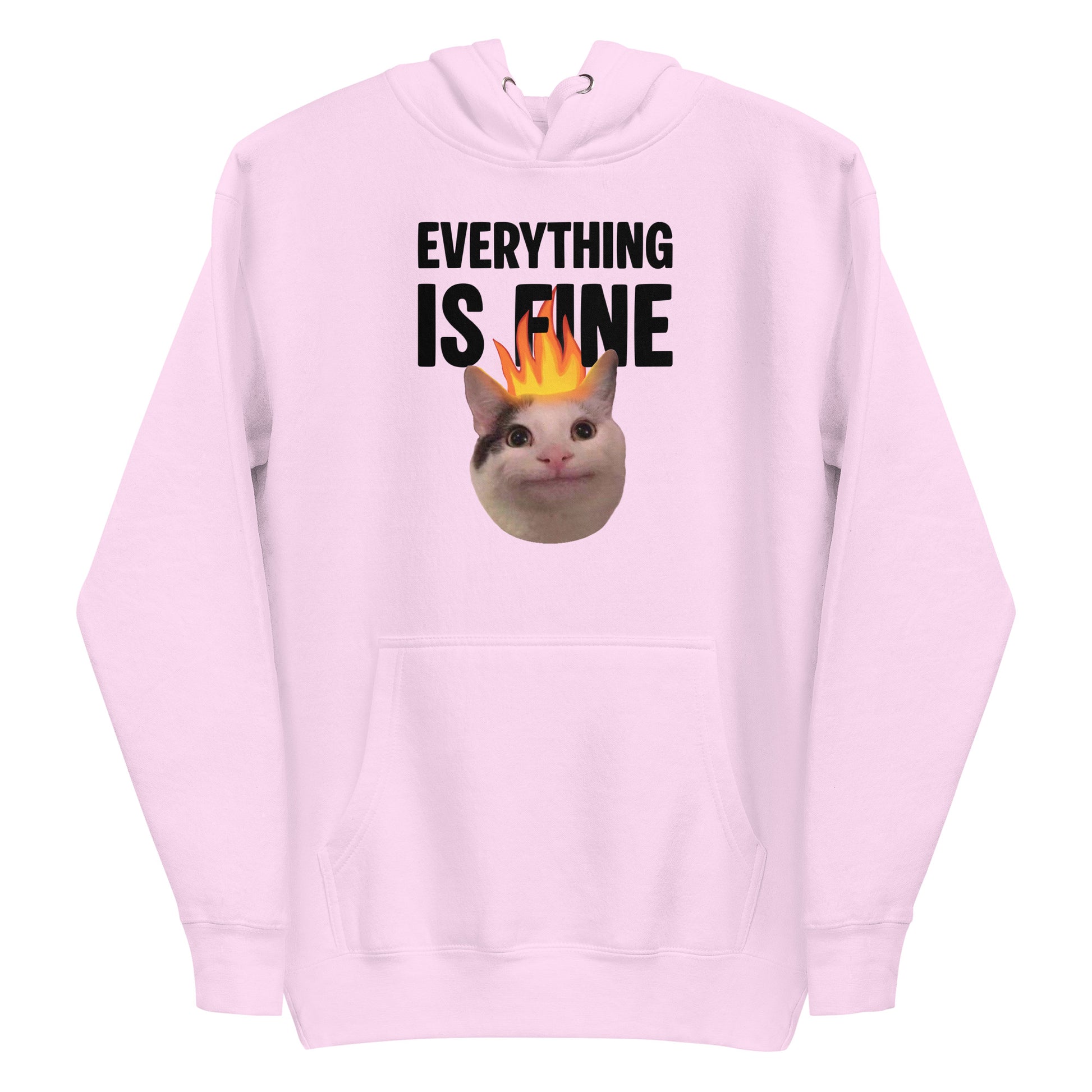 Lavender unisex hoodie featuring Beluga cat with fire on head and "EVERYTHING IS FINE" text