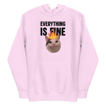 Lavender unisex hoodie featuring Beluga cat with fire on head and "EVERYTHING IS FINE" text