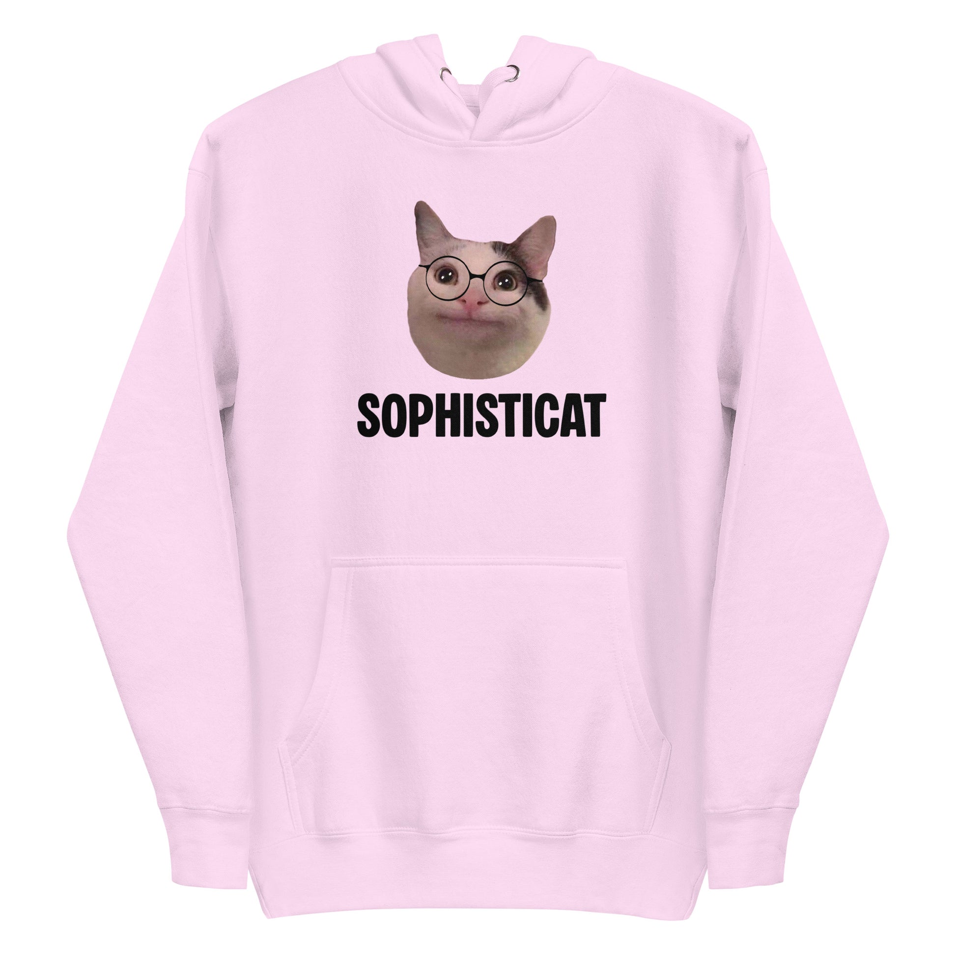Lavender unisex hoodie featuring Beluga cat wearing round glasses and "SOPHISTICAT" text