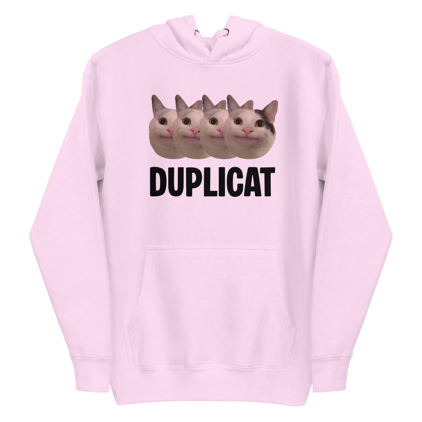 Lavender unisex hoodie featuring repeating Beluga cat faces and "DUPLICAT" text