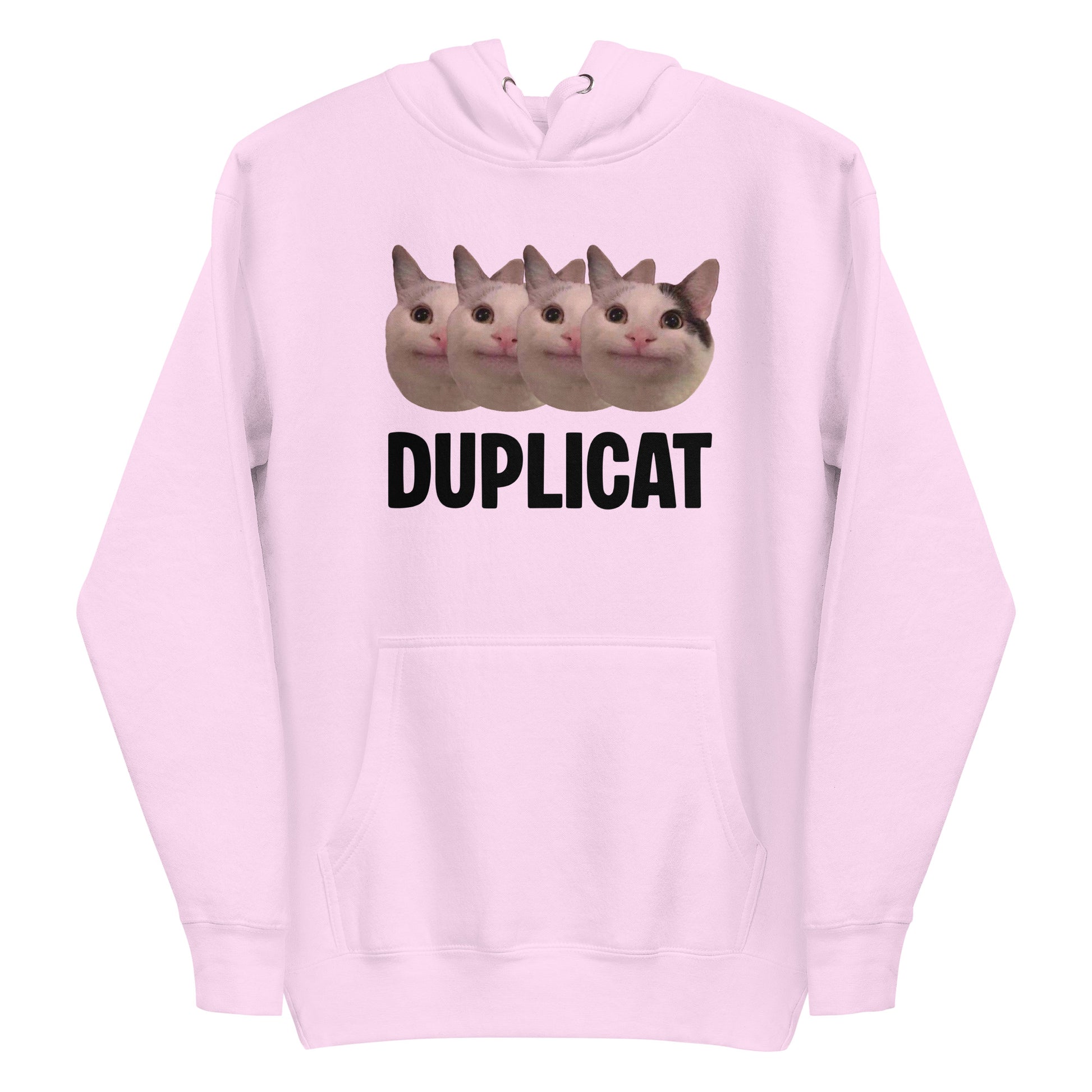 Lavender unisex hoodie featuring repeating Beluga cat faces and "DUPLICAT" text