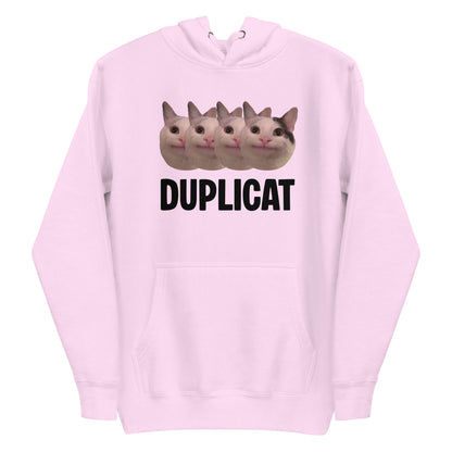 Lavender unisex hoodie featuring repeating Beluga cat faces and "DUPLICAT" text