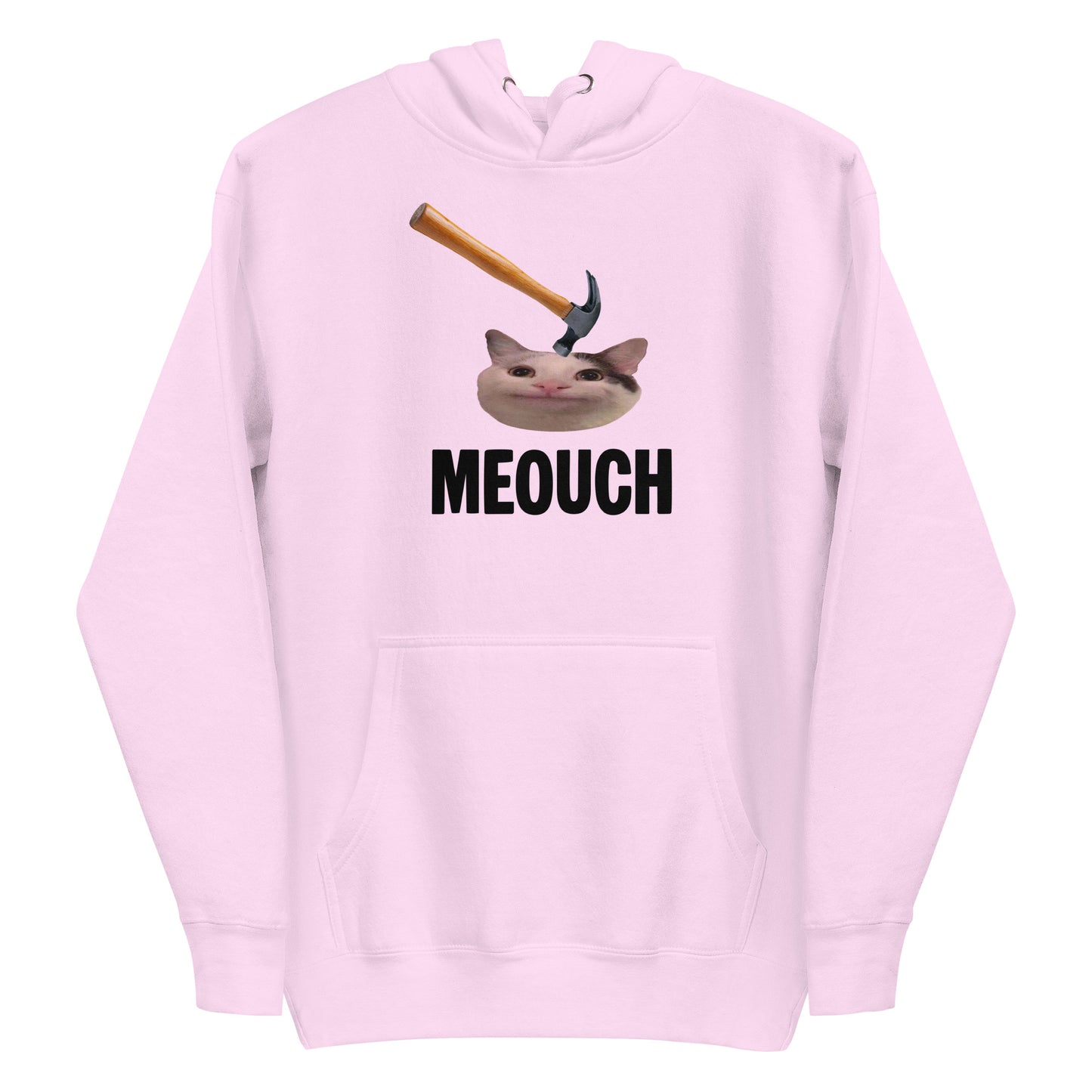 Lavender unisex hoodie with funny "MEOUCH" cat meme design and a hammer