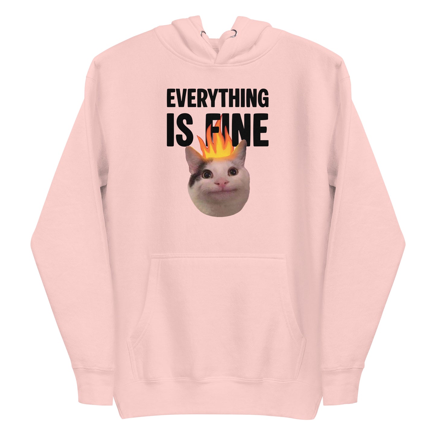 Light Pink unisex hoodie featuring Beluga cat with fire on head and "EVERYTHING IS FINE" text