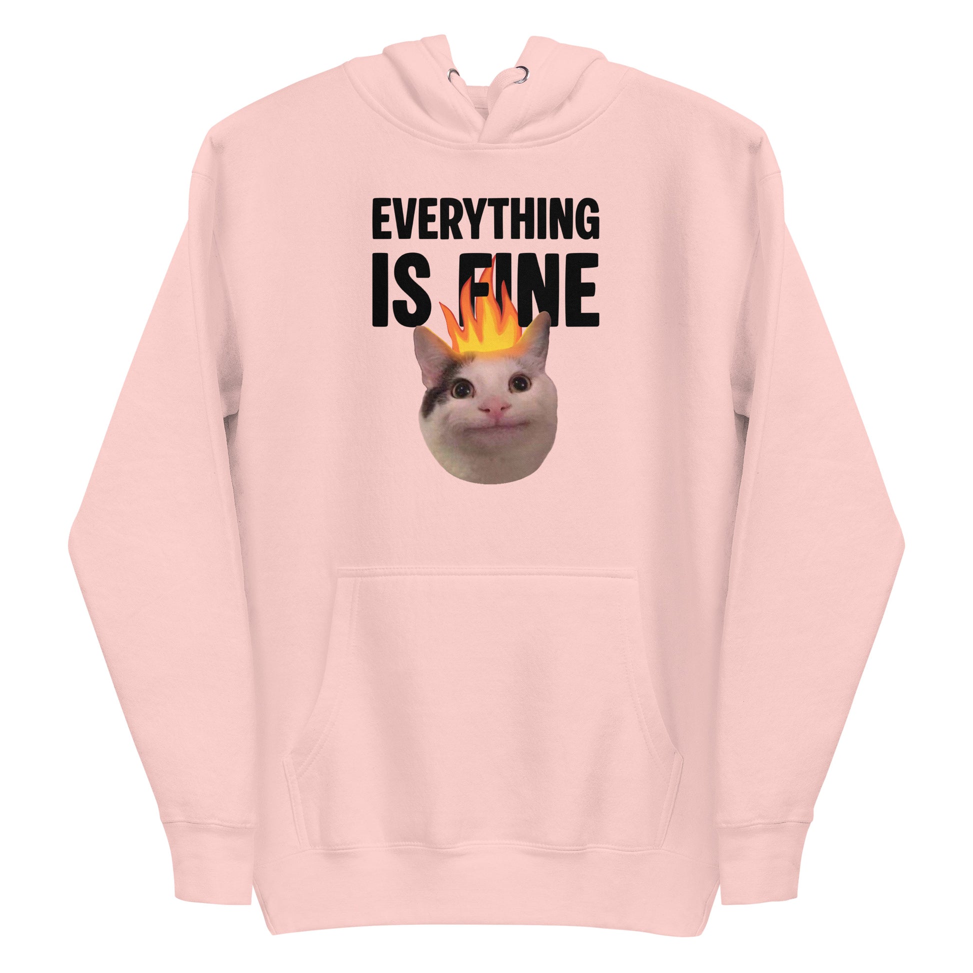 Light Pink unisex hoodie featuring Beluga cat with fire on head and "EVERYTHING IS FINE" text