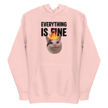Light Pink unisex hoodie featuring Beluga cat with fire on head and "EVERYTHING IS FINE" text