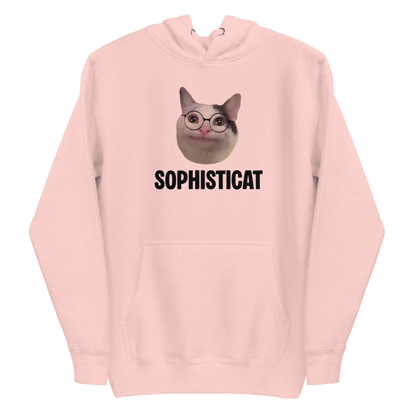 Light Pink unisex hoodie featuring Beluga cat wearing round glasses and "SOPHISTICAT" text
