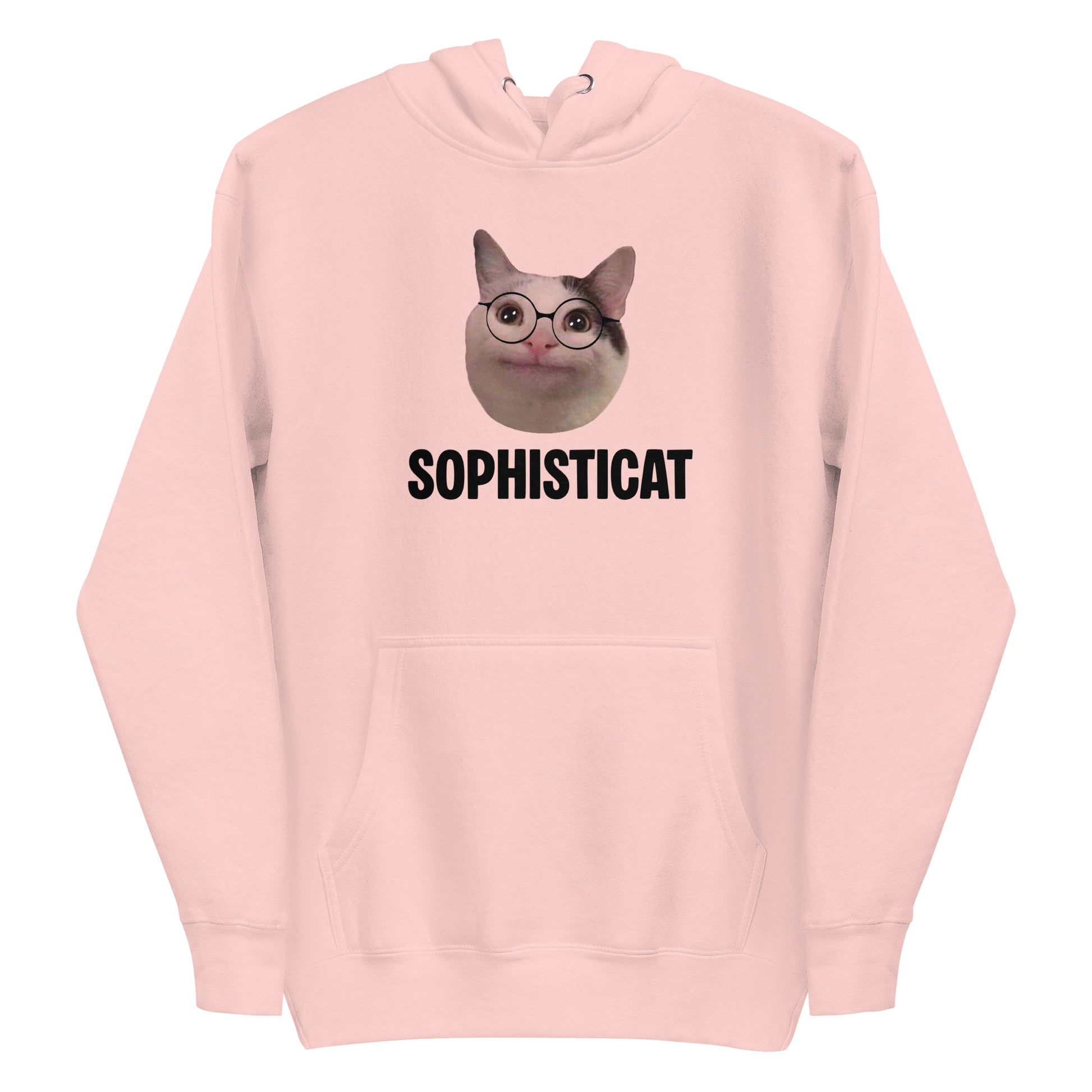 Light Pink unisex hoodie featuring Beluga cat wearing round glasses and "SOPHISTICAT" text