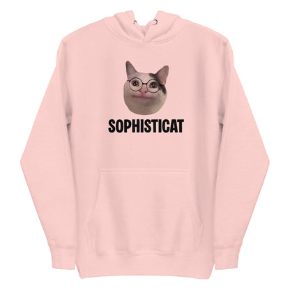 Light Pink unisex hoodie featuring Beluga cat wearing round glasses and "SOPHISTICAT" text